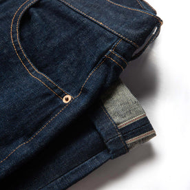 material shot of selvage hem of hem The Democratic Jean in Rinsed Organic Selvage, Bottoms by Taylor Stitch