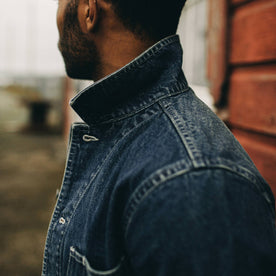 fit model with popped collar of The Ojai Jacket in Sawyer Wash Selvage, Outerwear by Taylor Stitch