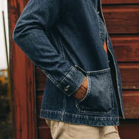 fit model with hands in pocket of The Ojai Jacket in Sawyer Wash Selvage, Outerwear by Taylor Stitch