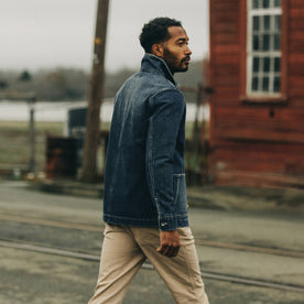 fit model crossing the street in The Ojai Jacket in Sawyer Wash Selvage, Outerwear by Taylor Stitch