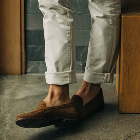 Fit model wearing loafers with The Slim Foundation Pant in Organic Stone, Bottoms by Taylor Stitch