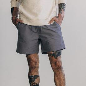 fit model wearing The Apres Short in Smoke Sixty Forty, Bottoms by Taylor Stitch