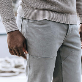 fit model wearing The Chore Pant in Gravel Boss Duck, Bottoms by Taylor Stitch