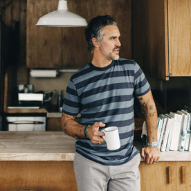 fit model wearing The Cotton Hemp Tee in Storm and Navy Stripe, Knits by Taylor Stitch