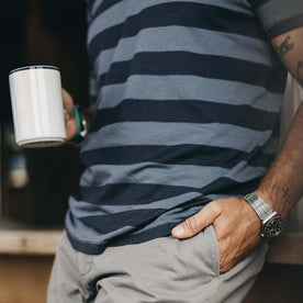 fit model showing the front of The Cotton Hemp Tee in Storm and Navy Stripe, Knits by Taylor Stitch