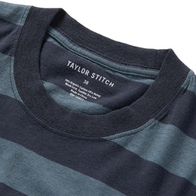 material shot of the collar on The Cotton Hemp Tee in Storm and Navy Stripe, Knits by Taylor Stitch