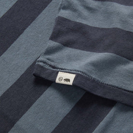 material shot of the TS label on The Cotton Hemp Tee in Storm and Navy Stripe, Knits by Taylor Stitch