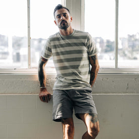 fit model wearing The Cotton Hemp Tee in Natural and Sagebrush Stripe, Knits by Taylor Stitch