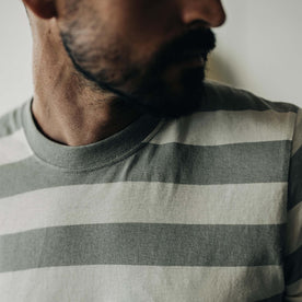 fit model showing the front of The Cotton Hemp Tee in Natural and Sagebrush Stripe, Knits by Taylor Stitch