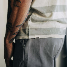 fit model showing the TS label on The Cotton Hemp Tee in Natural and Sagebrush Stripe, Knits by Taylor Stitch