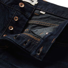 material shot of the button fly on The Demcratic Jean in Wallace Wash Organic Selvage, Bottoms by Taylor Stitch