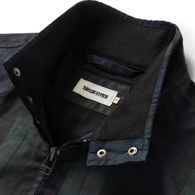 material shot of the snap closure collar on The Flint Jacket in Blackwatch Dry Wax, Outerwear by Taylor Stitch