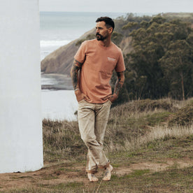 fit model wearing The Heavy Bag Tee in Dawn Patrol, Knits by Taylor Stitch