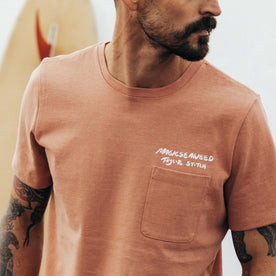 fit model showing the front of The Heavy Bag Tee in Dawn Patrol, Knits by Taylor Stitch