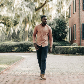 fit model walking in The Jack in Dried Acorn Oxford, Wovens by Taylor Stitch