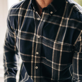 fit model showing front of The Jack in Midnight Plaid, Wovens by Taylor Stitch