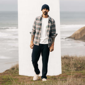 fit model wearing The Ledge Shirt in Coastline Plaid by the oceam, Wovens by Taylor Stitch