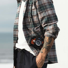 fit model showing the side of The Ledge Shirt in Coastline Plaid, Wovens by Taylor Stitch