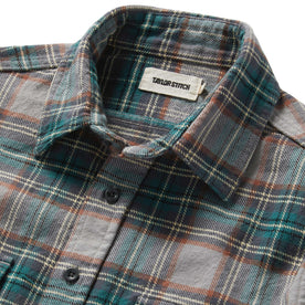 material shot of the collar on The Ledge Shirt in Coastline Plaid, Wovens by Taylor Stitch