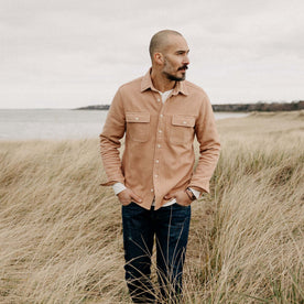 fit model wearing The Ledge Shirt in Dusty Coral Twill, Wovens by Taylor Stitch