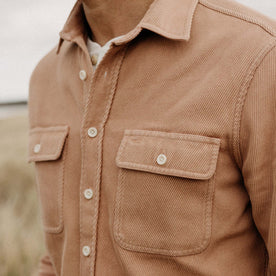 fit model showing the front buttons on The Ledge Shirt in Dusty Coral Twill, Wovens by Taylor Stitch