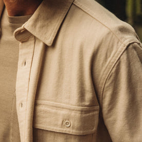 fit model showing the chest pocket on The Ledge Shirt in Oyster Herringbone, Wovens by Taylor Stitch