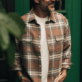 fit model in The Ledge Shirt in Sun Baked Brick Plaid, Wovens by Taylor Stitch