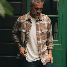 fit model in The Ledge Shirt in Sun Baked Brick Plaid, Wovens by Taylor Stitch