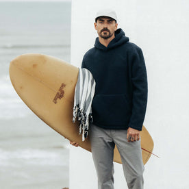 fit model wearing The Nomad Hoodie in Navy Sherpa, Outerwear by Taylor Stitch