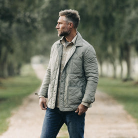 fit model standing in The Ojai Jacket in Sagebrush Diamond Quilt, Outerwear by Taylor Stitch