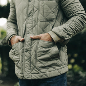 fit model with his hands in his pockets wearing The Ojai Jacket in Sagebrush Diamond Quilt, Outerwear by Taylor Stitch