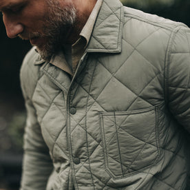 fit model showing off pocket on The Ojai Jacket in Sagebrush Diamond Quilt, Outerwear by Taylor Stitch