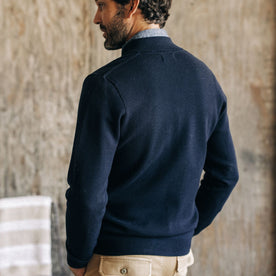 fit model showing the back of The Portola Bomber in Midnight Merino , Outerwear by Taylor Stitch