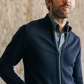 fit model showing the front YKK zipper on The Portola Bomber in Midnight Merino, Outerwear by Taylor Stitch