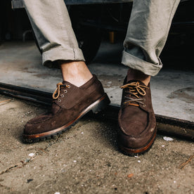 fit model showing off The Ridge Moc in Chocolate Nubuck, Footwear by Taylor Stitch