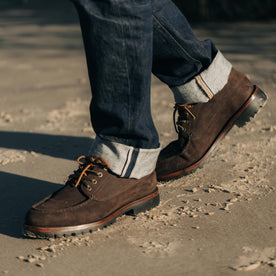 fit model walking in The Ridge Moc in Chocolate Nubuck, Footwear by Taylor Stitch