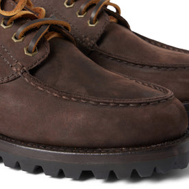 material shot of the toe on The Ridge Moc in Chocolate Nubuck, Footwear by Taylor Stitch