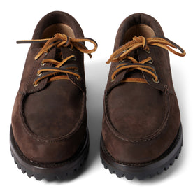 image of laces and front of The Ridge Moc in Chocolate Nubuck, Footwear by Taylor Stitch