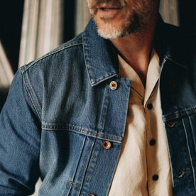 fit mode showing the front of The Ryder Jacket in Sun Bleached Denim, Outerwear by Taylor Stitch