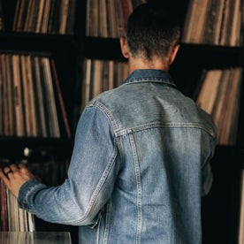 fit model showing the back of The Ryder Jacket in Sun Bleached Denim, Outerwear by Taylor Stitch