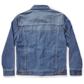 flatlay of The Ryder Jacket in Sun Bleached Denim, shown from the back, Outerwear by Taylor Stitch