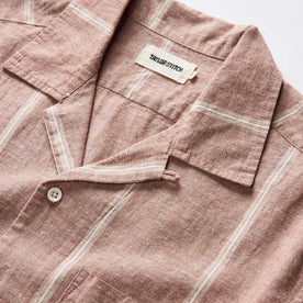 material shot of the camp collar on The Short Sleeve Hawthorne in Dried Fig Stripe, Wovens by Taylor Stitch