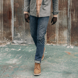 fit model walking in The Slim Jean in Sawyer Wash Organic Selvage, Bottoms by Taylor Stitch