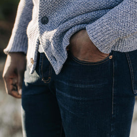 fit model with his hand in the pocket of The Slim Jean in Wallace Wash Organic Selvage, Bottoms by Taylor Stitch