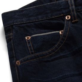 material shot of the selvage pocket on The Slim Jean in Wallace Wash Organic Selvage, Bottoms by Taylor Stitch