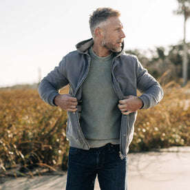 fit model wearing The Workhorse Hoodie in Gravel Boss Duck, Outerwear by Taylor Stitch