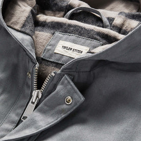 material shot of the zipper and interior lining on The Workhorse Hoodie in Gravel Boss Duck, Outerwear by Taylor Stitch