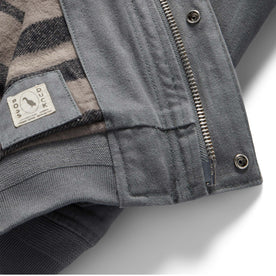 materials hot of the Boss Duck label on The Workhorse Hoodie in Gravel Boss Duck, Outerwear by Taylor Stitch