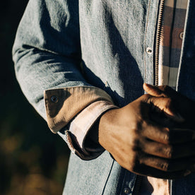 fit model showing the cuffs on The Workhorse Jacket in Fletcher Wash Organic Selvage, Outerwear by Taylor Stitch