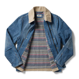 flatlay of The Workhorse Jacket in Fletcher Wash Organic Selvage, shown open, Outerwear by Taylor Stitch